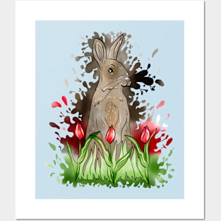 European Rabbit Watercolor Splash With Blue Background Posters and Art